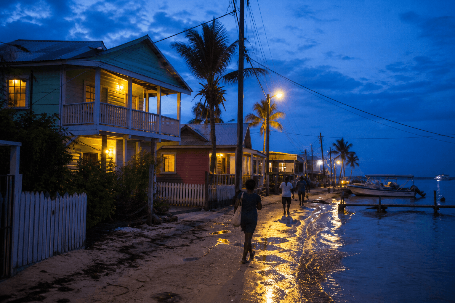 A Belize coastal town at dusk with porch lights and windows coming on