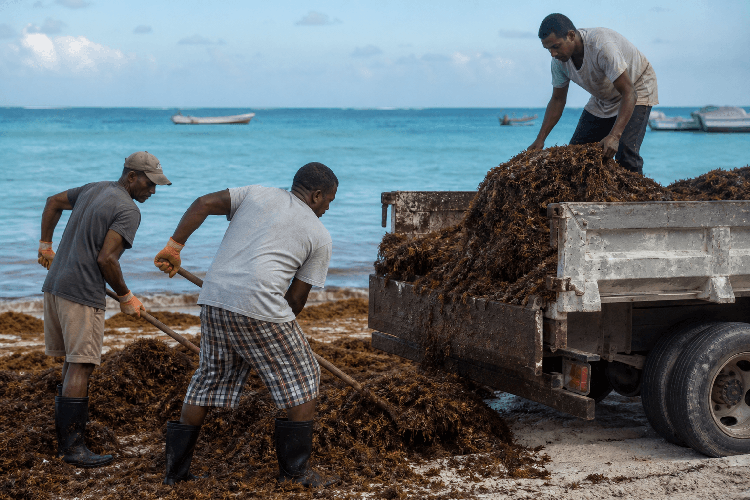 Workers loading wet sargassum from a Belize beach into a truck