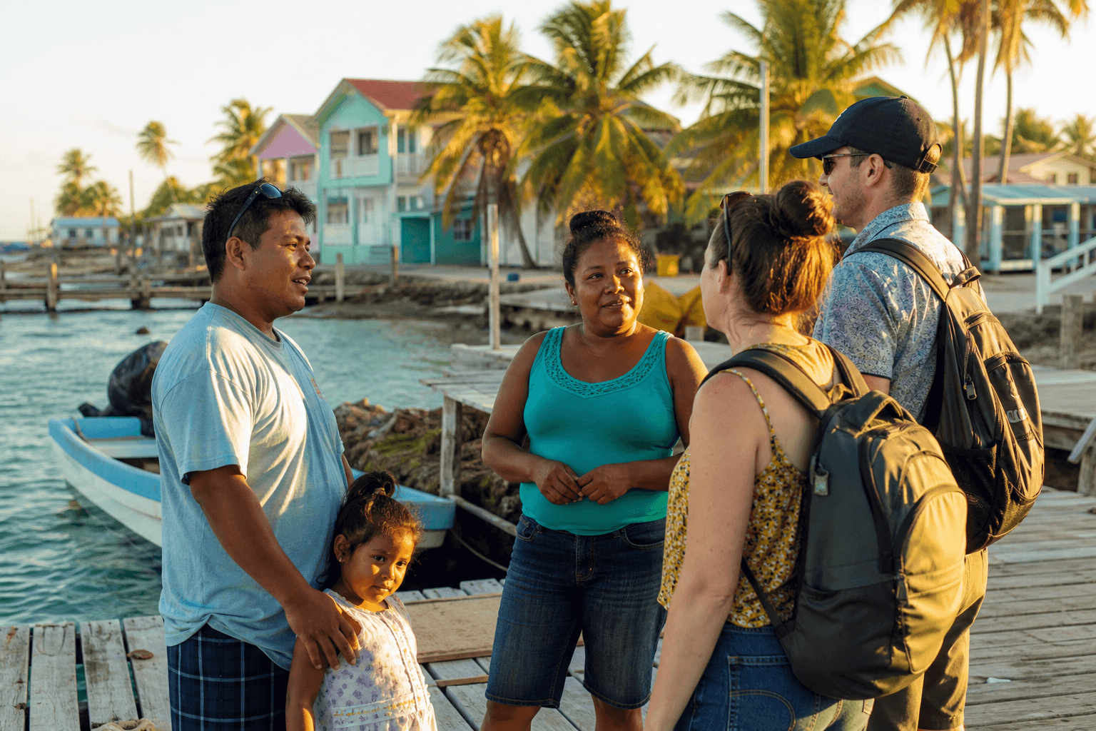 Belizeans and visitors talking on a wooden pier in a coastal town at golden hour